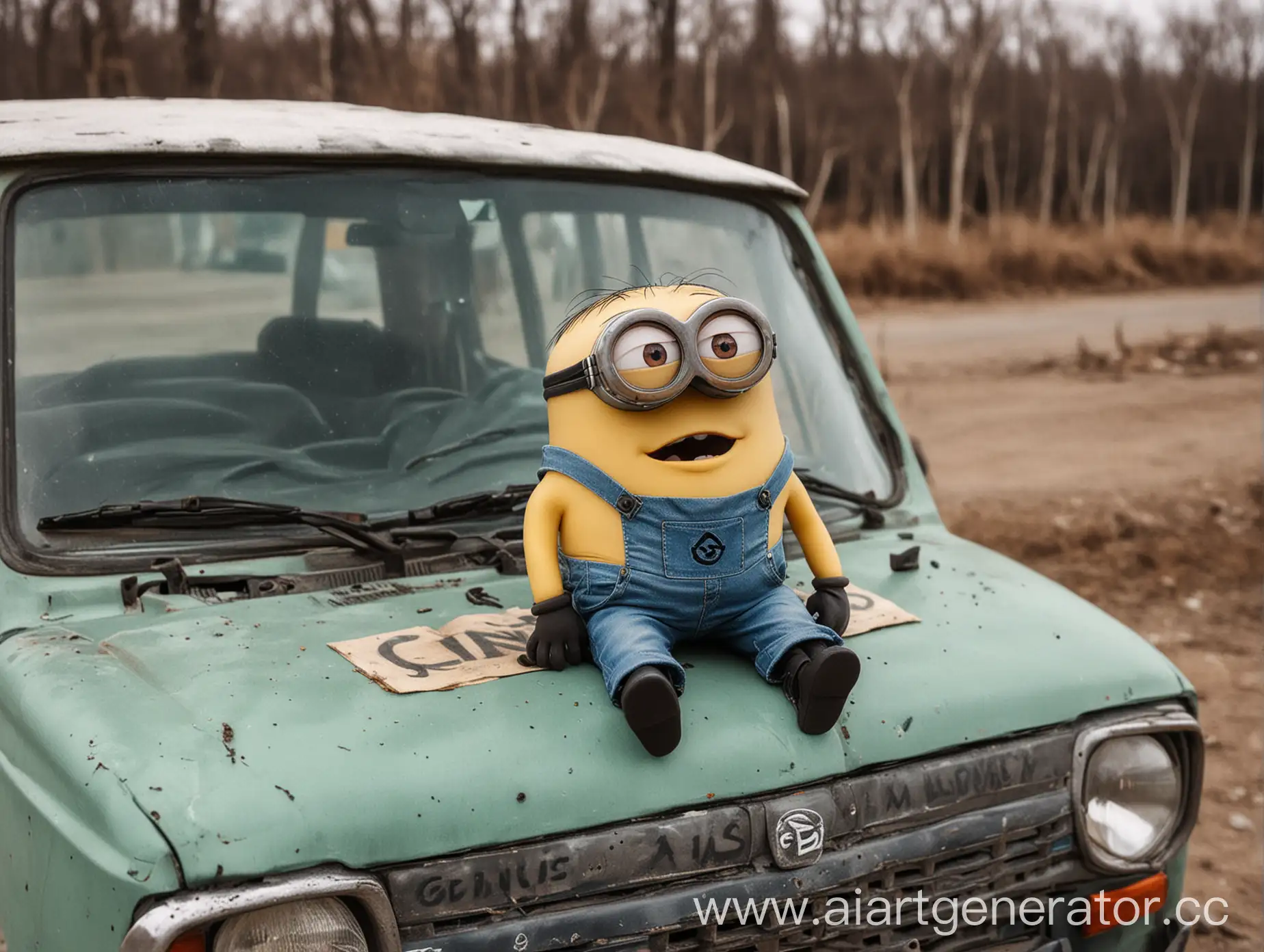 A sad minion is sitting on a Lada, "Genius" is written on his back