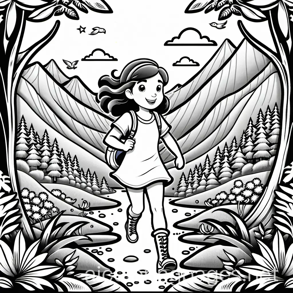Hilda, a fearless girl,  embarks on adventures in a world full of magical creatures, Coloring Page, black and white, line art, white background, Simplicity, Ample White Space. The background of the coloring page is plain white to make it easy for young children to color within the lines. The outlines of all the subjects are easy to distinguish, making it simple for kids to color without too much difficulty, Coloring Page, black and white, line art, white background, Simplicity, Ample White Space. The background of the coloring page is plain white to make it easy for young children to color within the lines. The outlines of all the subjects are easy to distinguish, making it simple for kids to color without too much difficulty