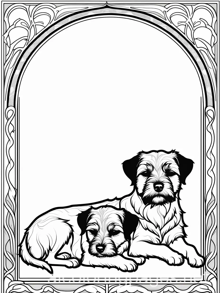Border Terrier dogs sleeping, Art Nouveau background, Coloring Page, black and white, line art, white background, Simplicity, Ample White Space. The background of the coloring page is plain white to make it easy for young children to color within the lines. The outlines of all the subjects are easy to distinguish, making it simple for kids to color without too much difficulty