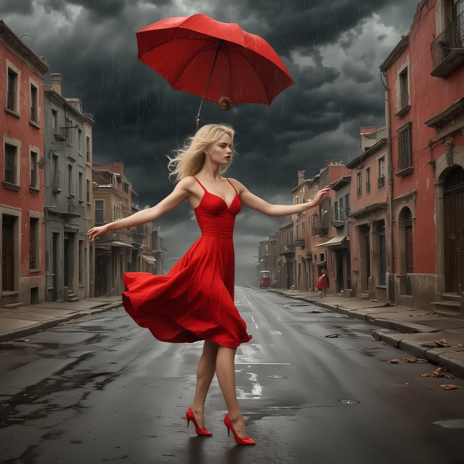 A realistic perfect surrealism photo of a beautiful woman with blonde hair in a red dress dancing in the street, with a dark storm approaching in the background, in the style of Max Ernst.
