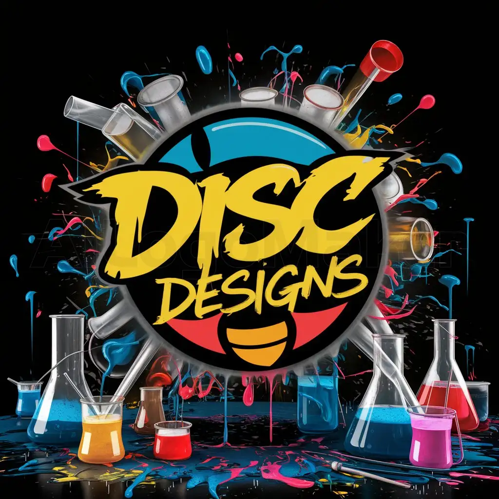 a logo design,with the text "Disc designs", main symbol:Color palette based on  Salvador Dali's Bee, edgy cool graffiti style text and artwork, beakers and flasks of paint, Paint cups, spilled and splashed paint, dripping paint,  paint drops flying, messy but creative. Dark background,complex,clear background