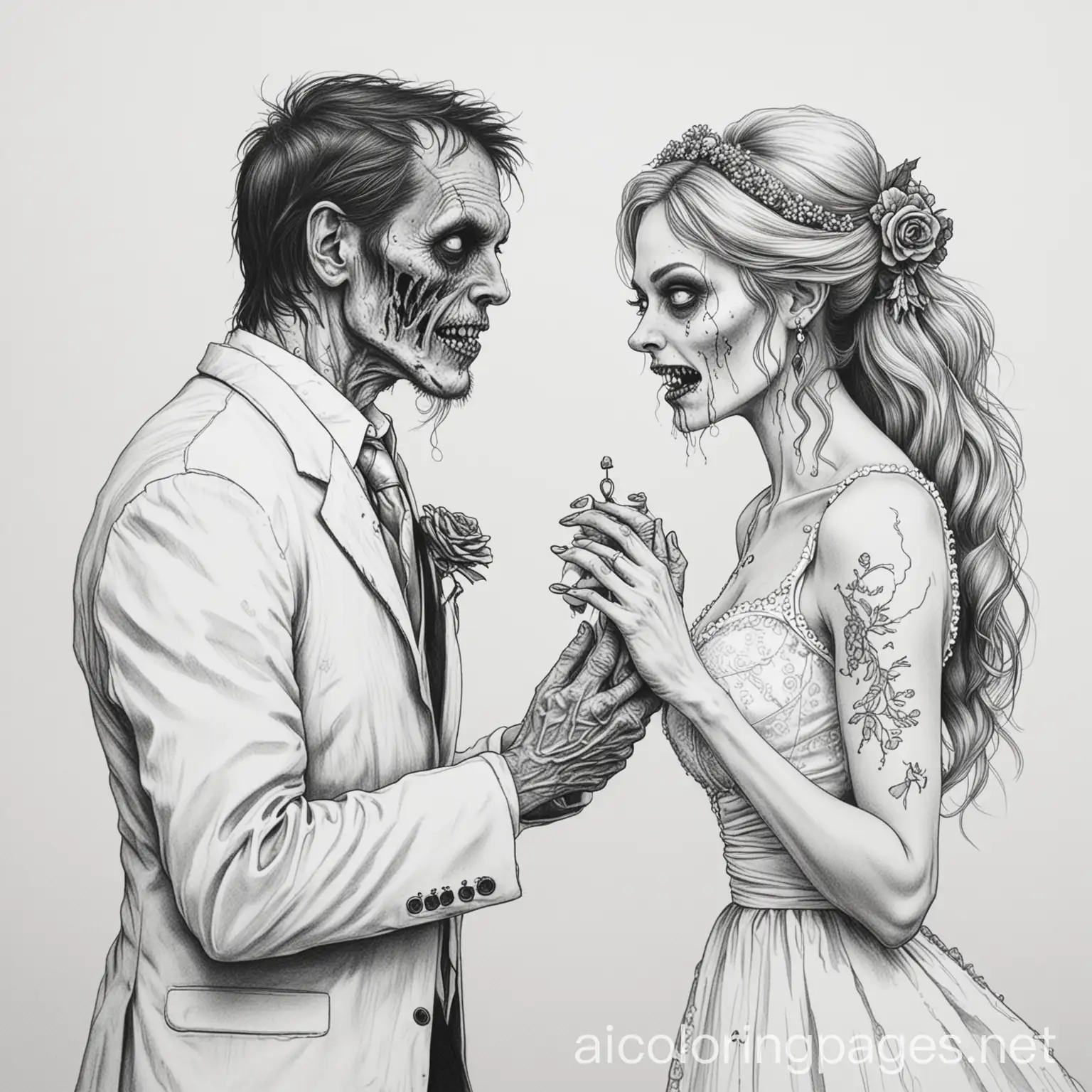 zombie wedding proposal, Coloring Page, black and white, line art, white background, Simplicity, Ample White Space