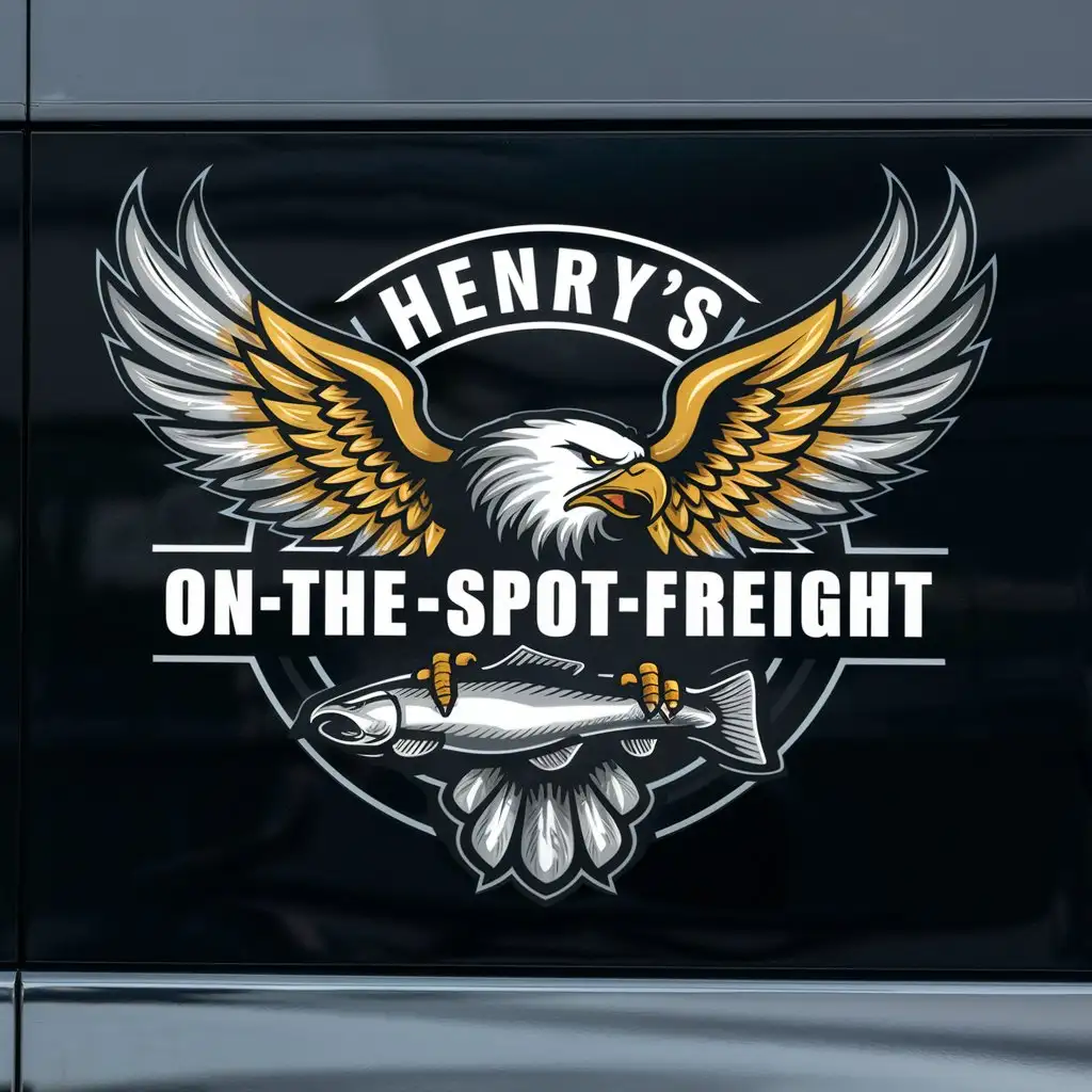 a logo design,with the text "Henry’snOn-The-Spot-Freight", main symbol:a fierce golden eagle spreading its wings and silver tipped feathers grasps a silver salmon with its claws. Black background.,Moderate,clear background