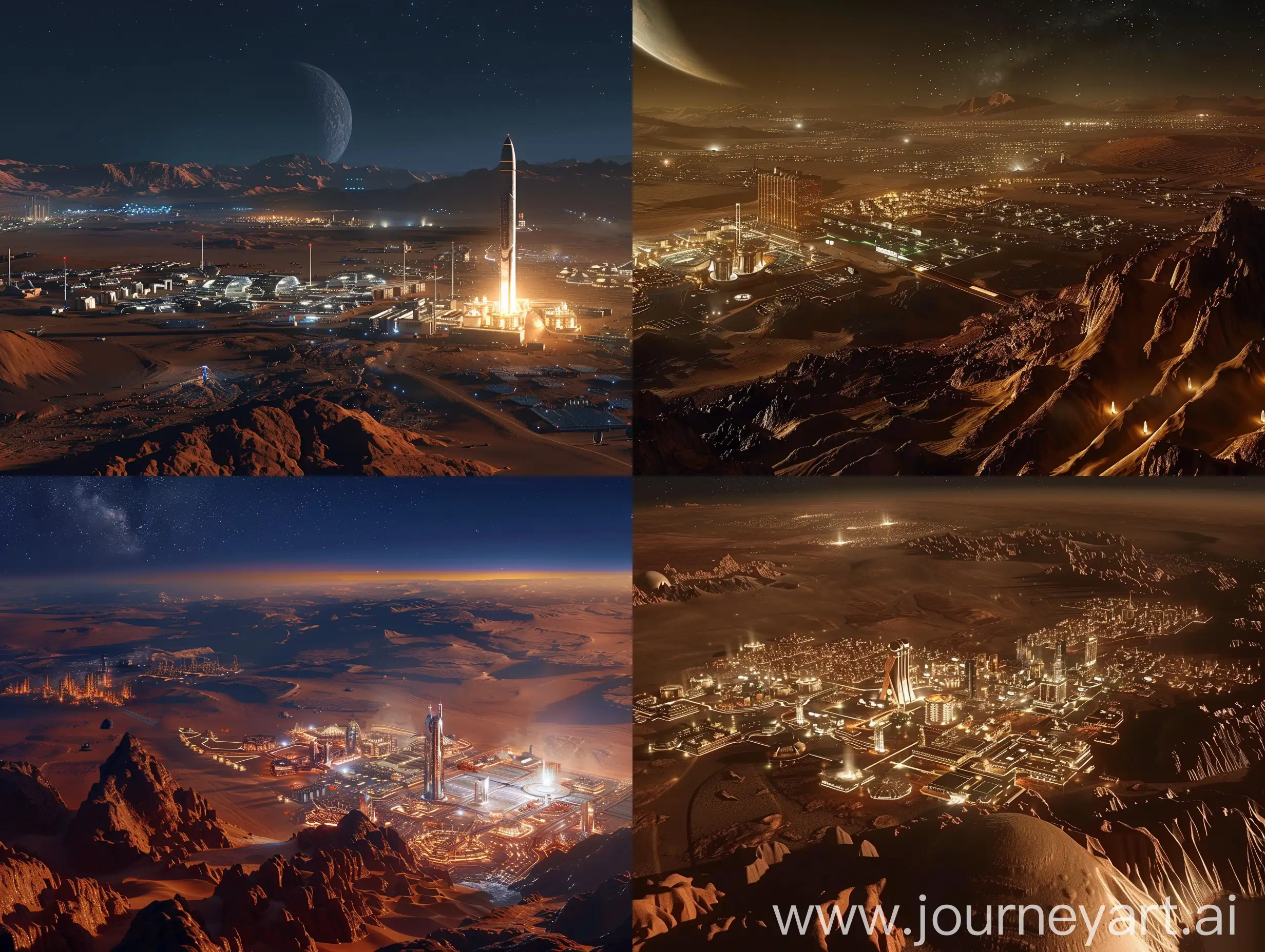 火星上的未来城市，夜晚，现实风格，与火星恶劣环境作对比，高空俯视图 