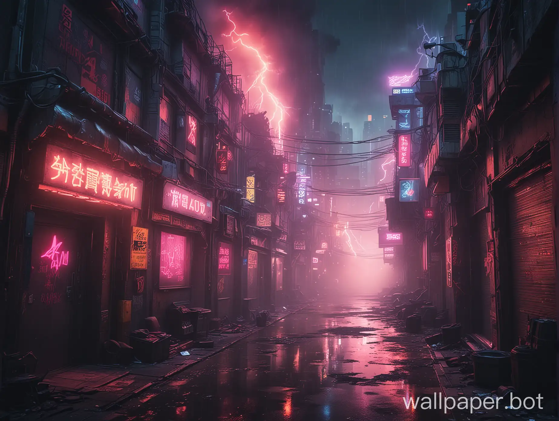 A cyberpunk neon alley, fog, thunder, explosion