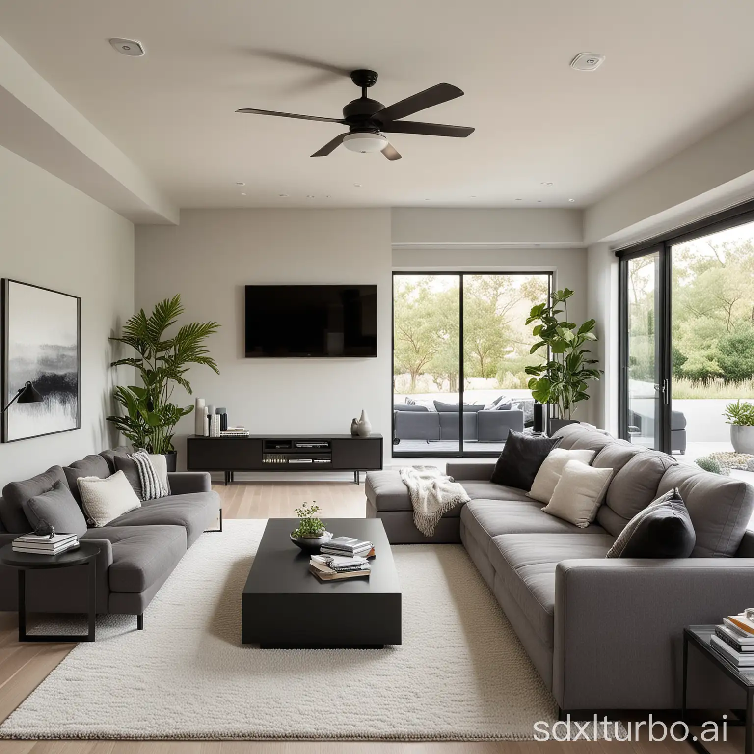 A modern-style living room, featuring a long, gray sofa and a matching, comfortable rocking chair on a soft, white rug, next to them a glass coffee table and a large, black TV stand are placed, while the minimalist-style space is illuminated by the light of the ceiling spotlights.