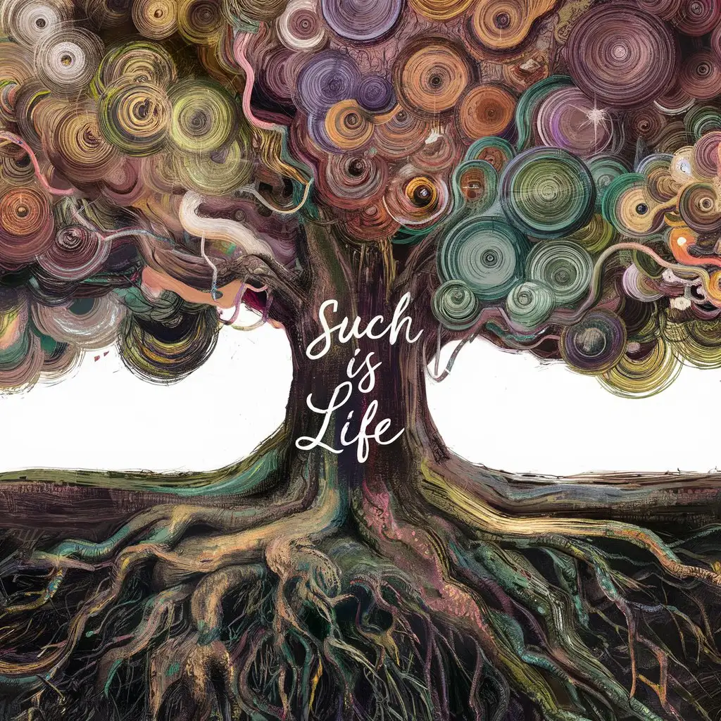 An abstract illustration symbolizing the journey of life, tree with roots and branches spreading out. "Such is Life"
