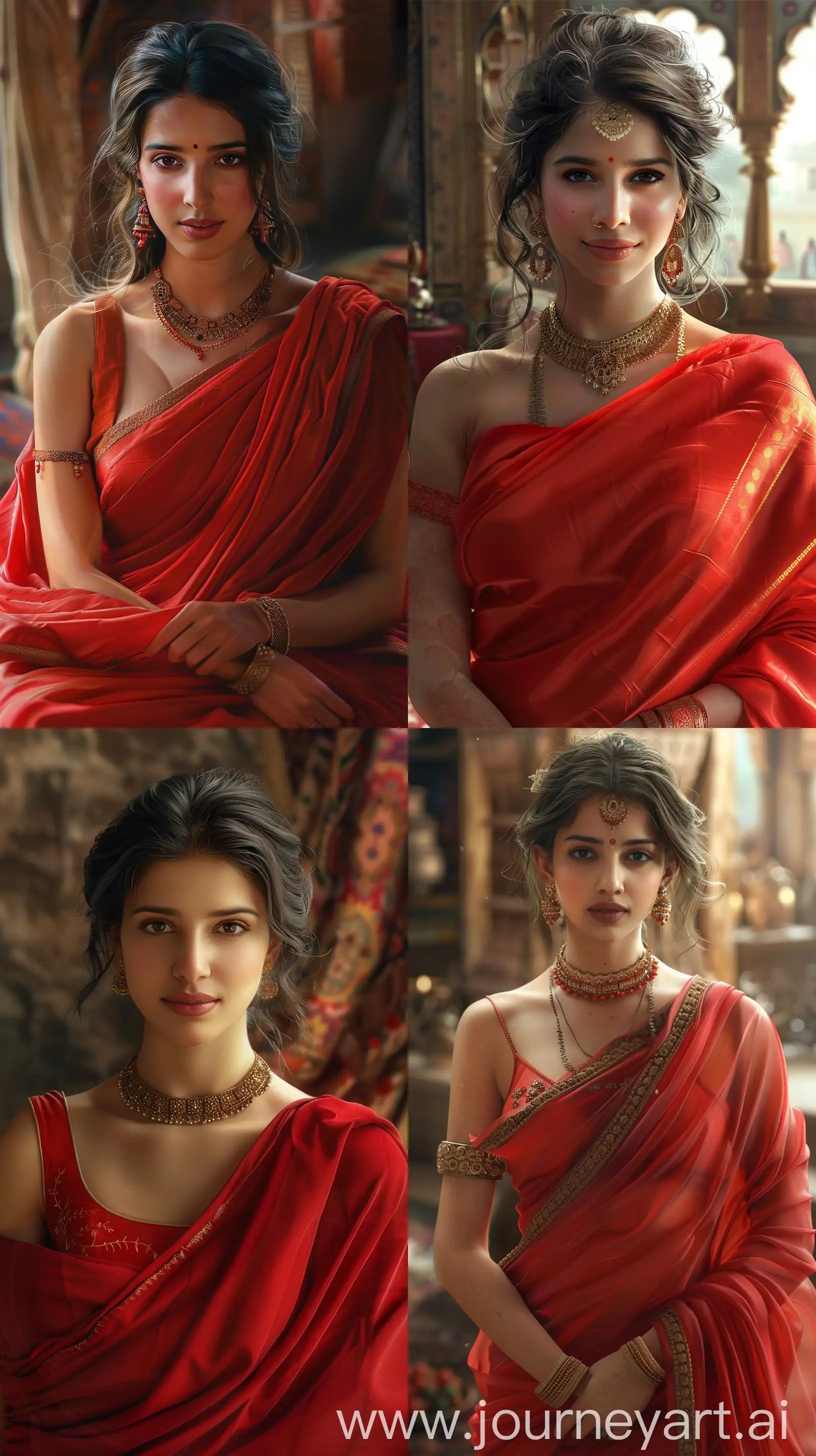 Hyper-realistic image of a Beautiful Indian woman from ancient times in Raj Ravi Varna art style, draped in a red saree, simple lifestyle, close-up image, indoors, cinematic style image in high resolution --s 200 --ar 9:16 --v 6