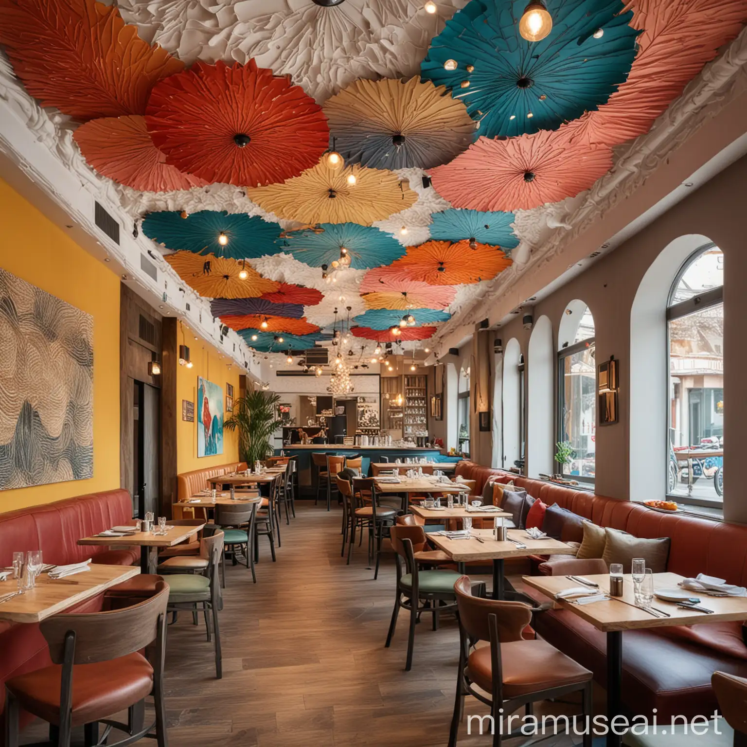 restuarant interior design with  ceiling and handmade colorful elements