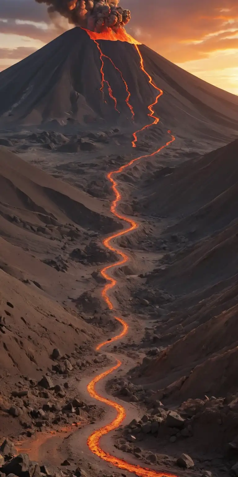 Create a curvy zigzag road to a crater of an exploding volcano from the bottom of the mountain to the top where people are walking eagerly to see the crater, sunset, contrasting colours, HD quality 
