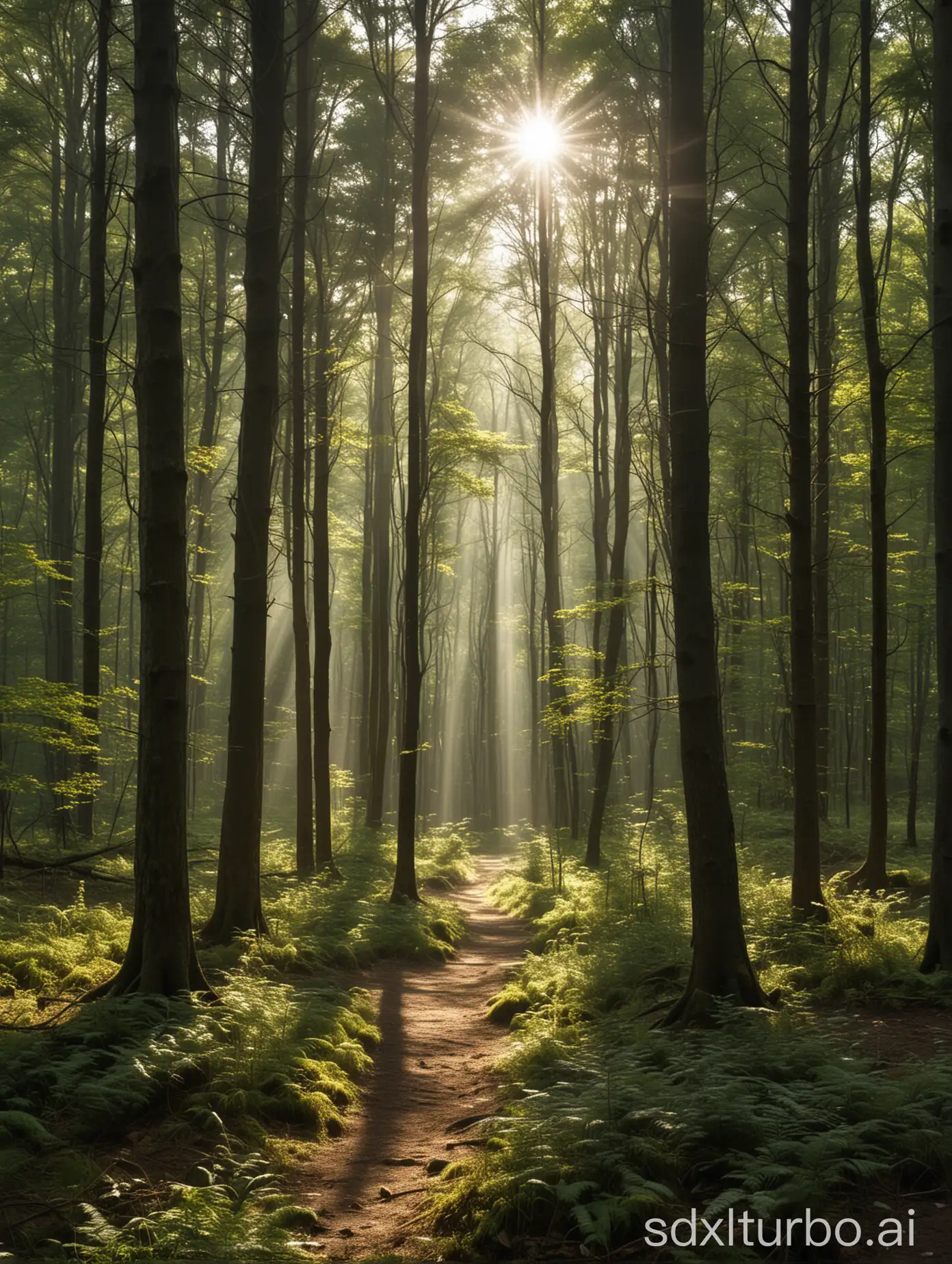 a quiet forest, with sunlight streams and trees