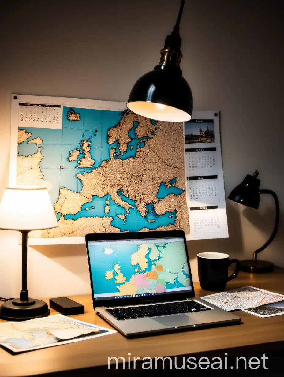 biurko, oświetlone lampą, na biurku 3 zdjęcia polaroida, laptop, kalendarz. mini mapa europy