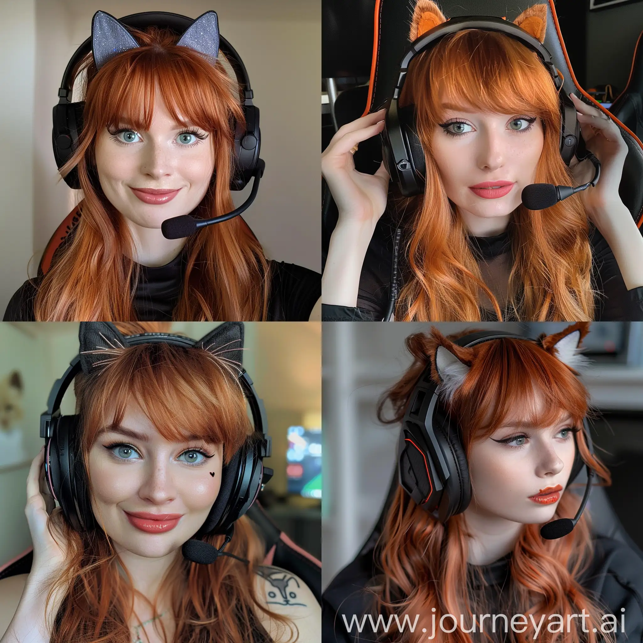 Cute redhead  streamer, gaming, gaming headset with cat ears, bangs, fluffy hair -- v6 --