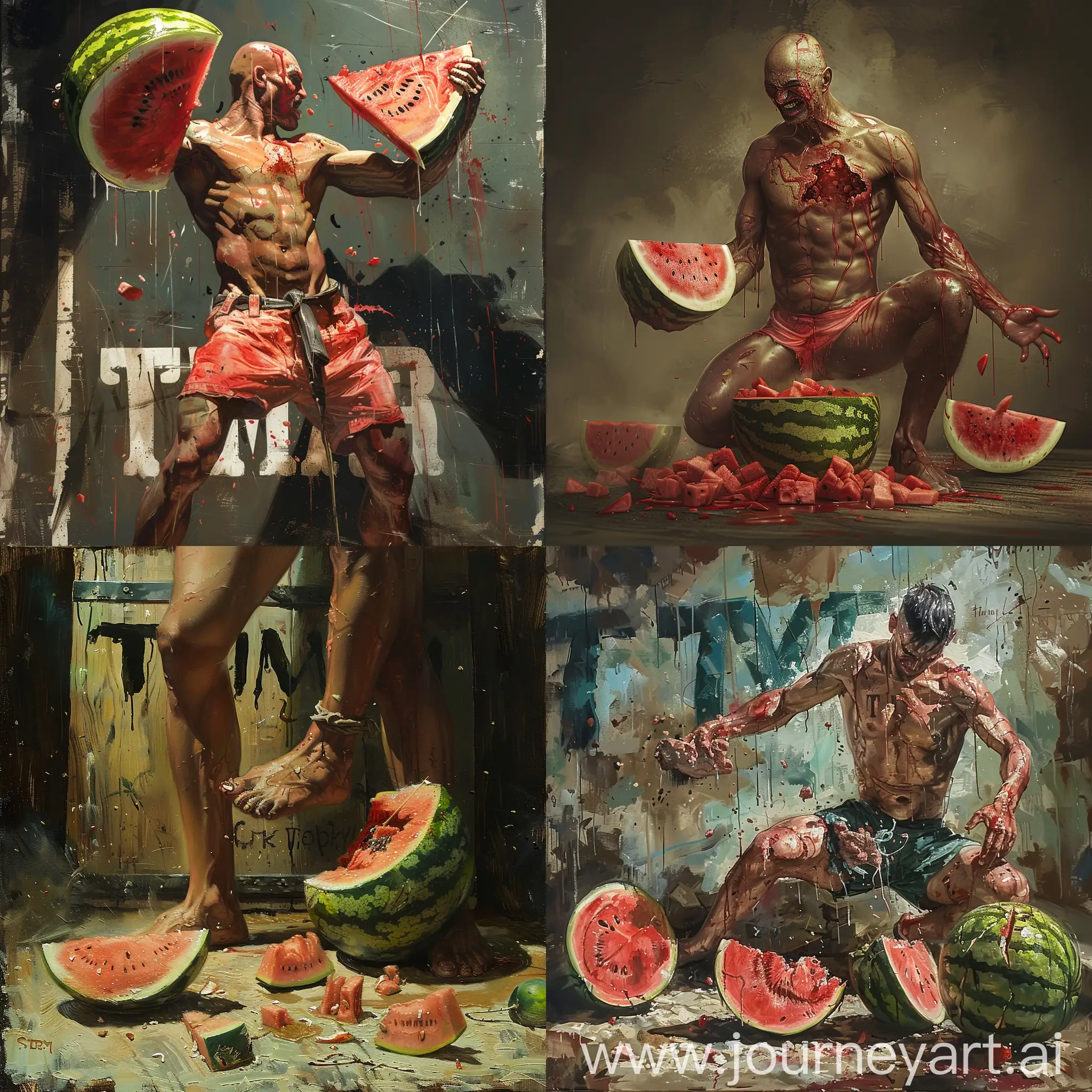 The picture should show a sporty man who crushes a watermelon with his foot. The watermelon shatters into pieces. On the chest of this man hangs a sign "Timur"