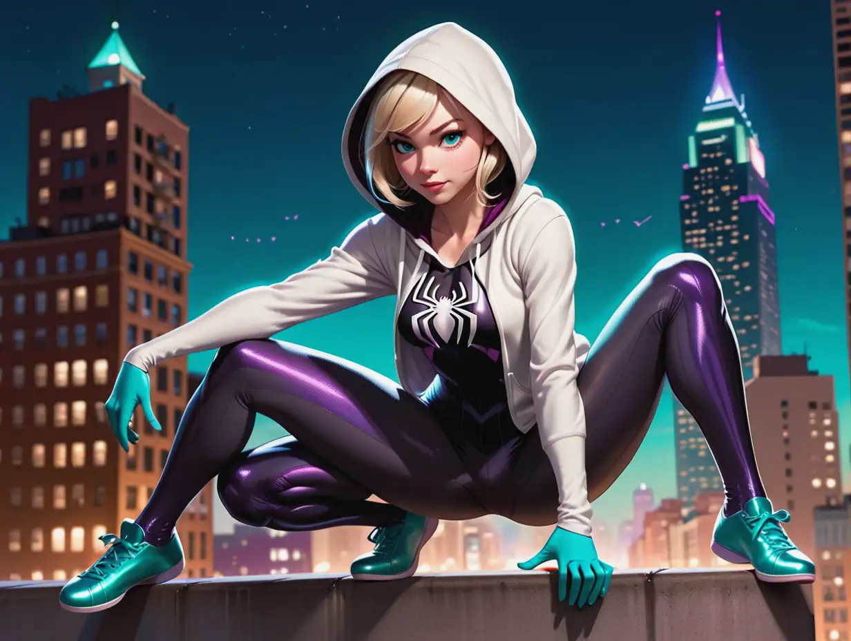 Gwen Stacy, short blonde hair with dark brown roots, medium breasts, round butt, wearing Spider-Gwen costume, hoodie bodysuit, white top half with black bottom half, teal ballet shoes, on top of building at night, spiderman pose, art style of Big Hero 6