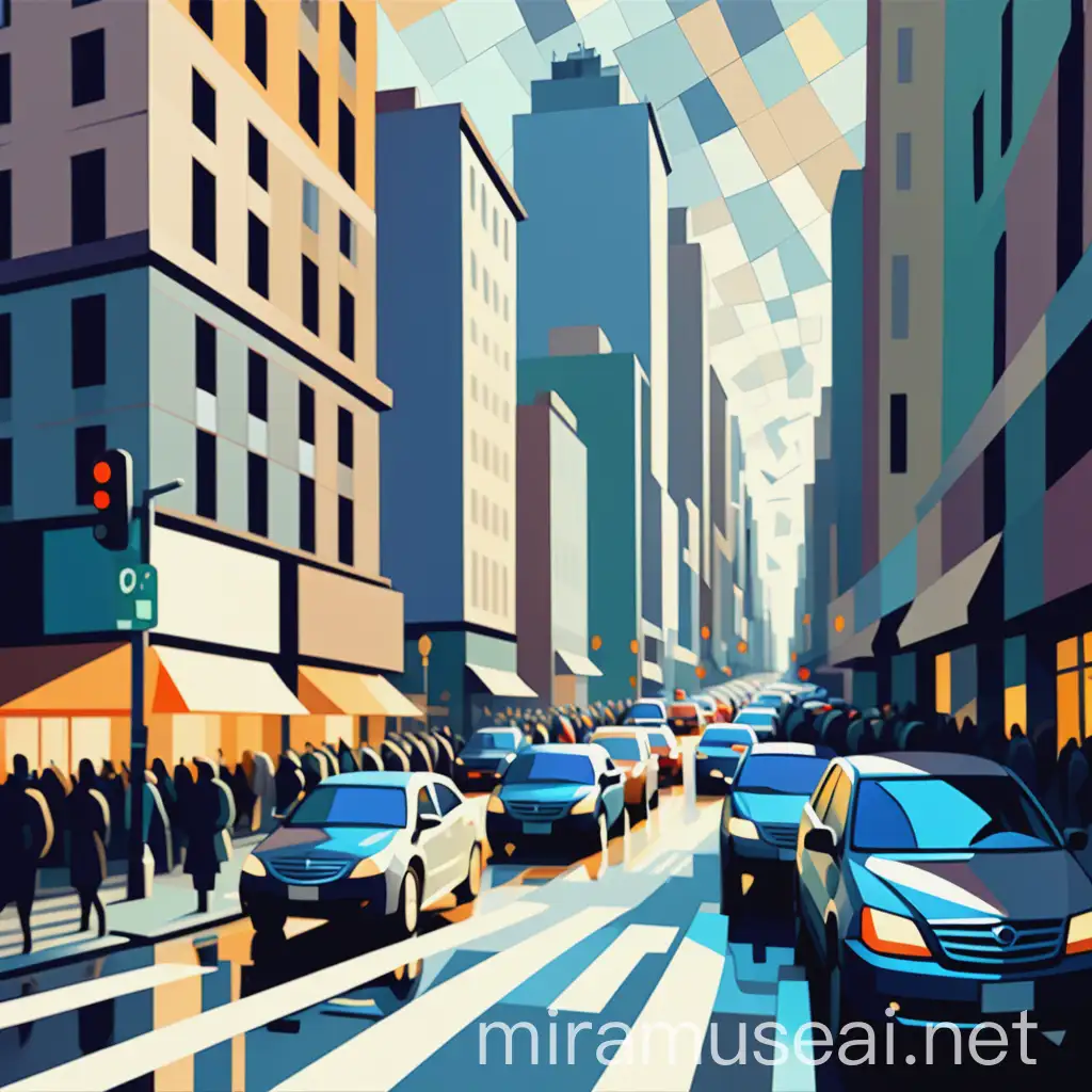 Busy Urban Street Scene with Impressionistic Cars and Cubist Architecture