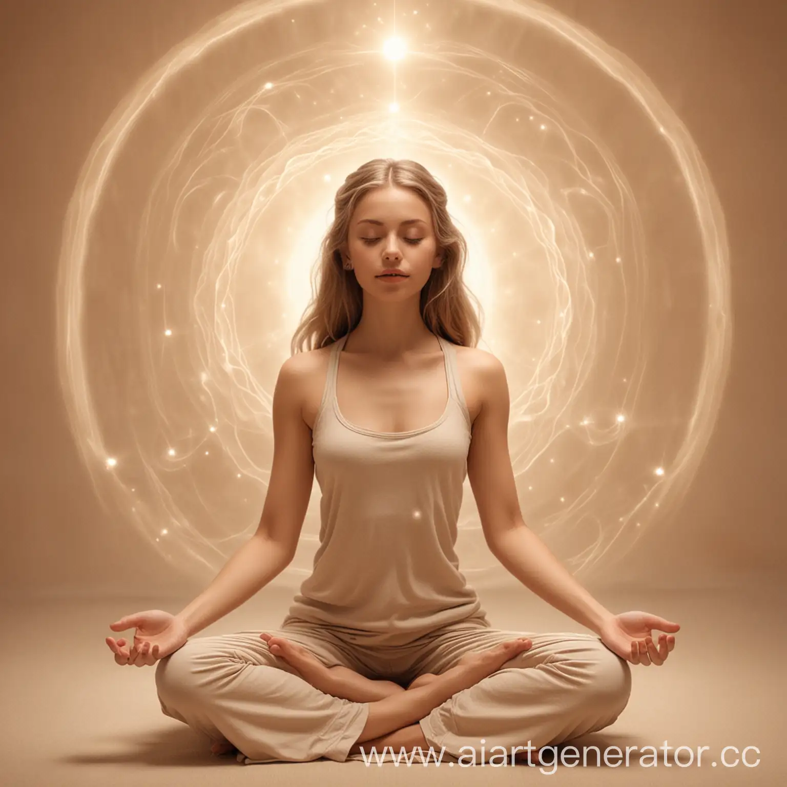 Meditating-Girl-Surrounded-by-Vibrations-of-Consciousness-and-Love-in-Beige-Tones