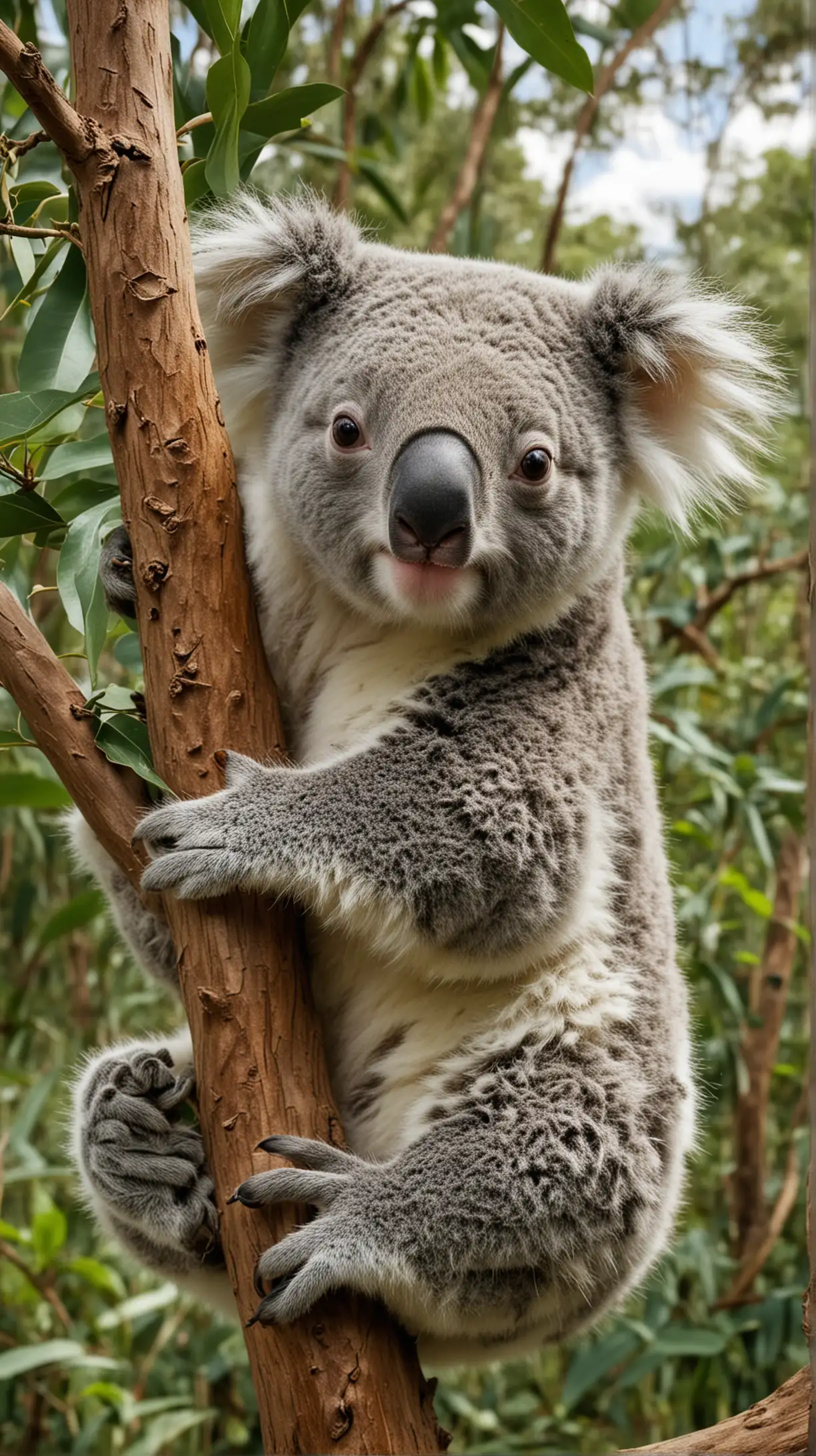 Full Body Koala Portrait on Tree Branch with Lush Green Background