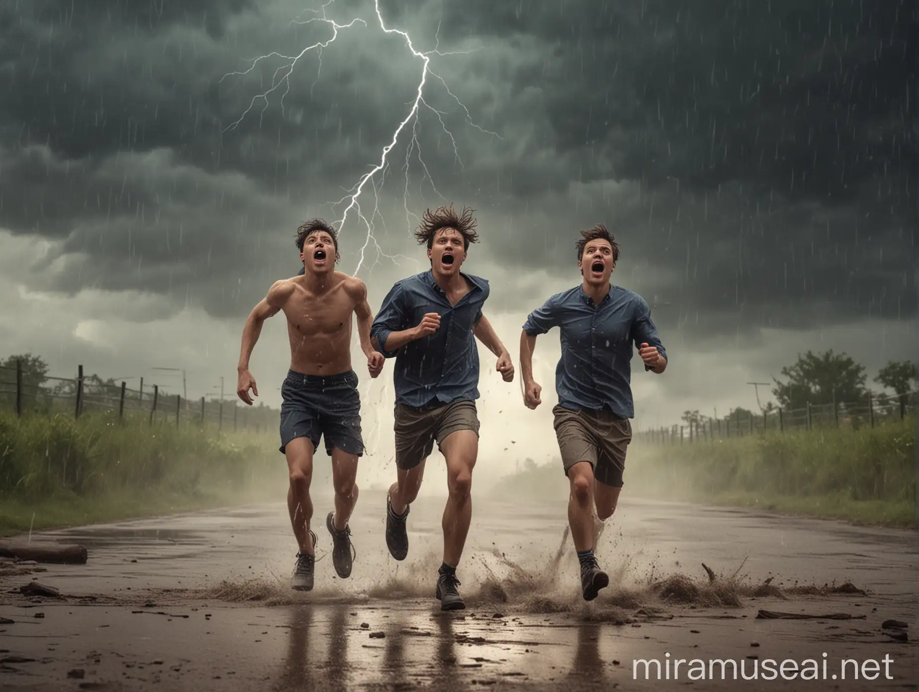 A young gay couple runs away from the storm and thunder in a panic
