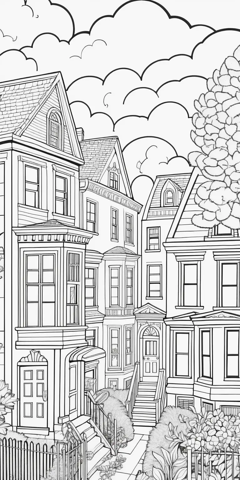 Whimsical New York City Townhouse Coloring Page with Playful Sky