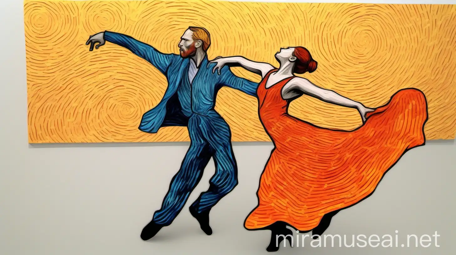 Contemporary Dancers Embracing Passion in Red and Orange Van Gogh Style