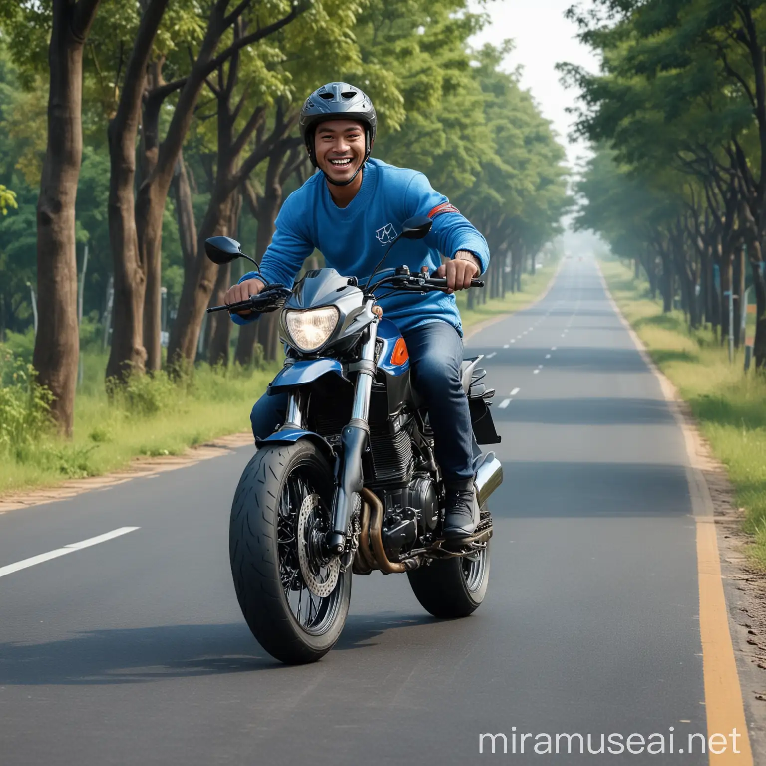 foto pria asli Indonesia berusia 30 tahun, mengendarai motor sport, sweter biru, wheelie, sepatu olahraga, tersenyum, background jalan lurus, pohon, kenyataan, hipperrealistik, 8k