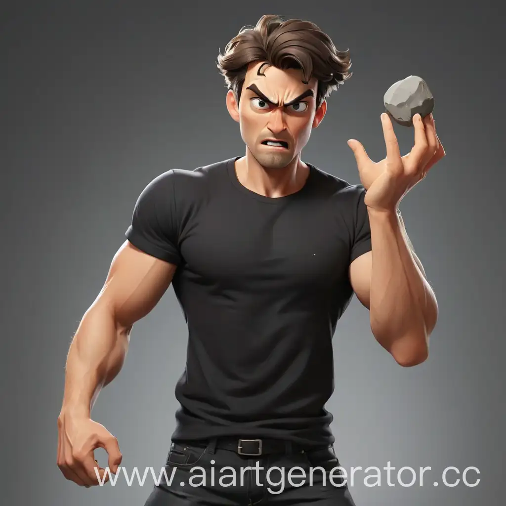 мультяшный привлекательный сексуальный мужчина в черной футболке кидает камень и возмущается