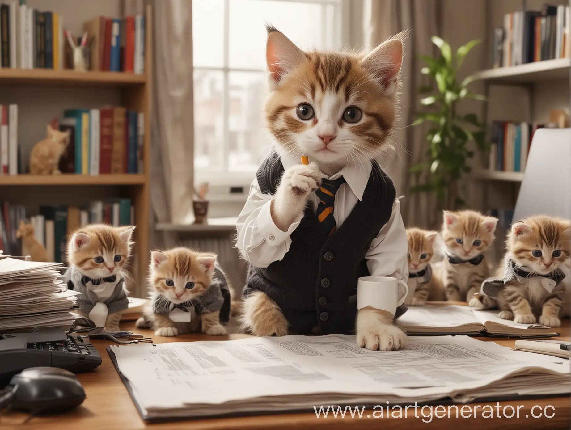 Six-Kittens-Business-Meeting-Feline-Professionals-in-Office