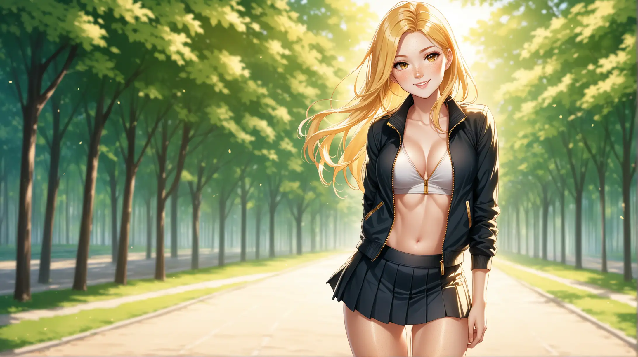 Draw a woman, long blonde hair, gold eyes, freckles, perky figure, unzipped jacket, pleated skirt, high quality, long shot, natural lighting, outdoors, seductive pose, smiling toward the viewer