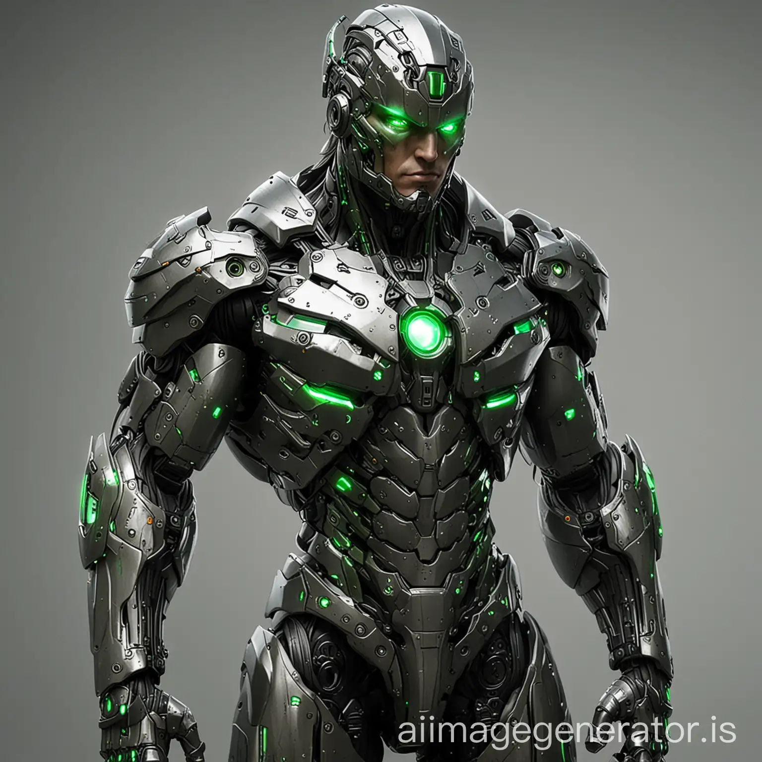 tall, muscular hi tech armor with glowing green eyes,fore arm bands