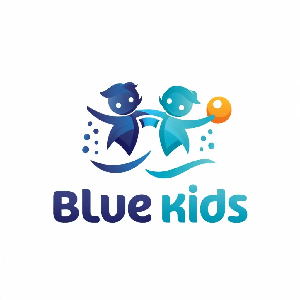 a logo design,with the text "BLUE KIDS", main symbol:Two kids water sports holding a balls white color,Minimalistic,be used in Sports Fitness industry,clear background