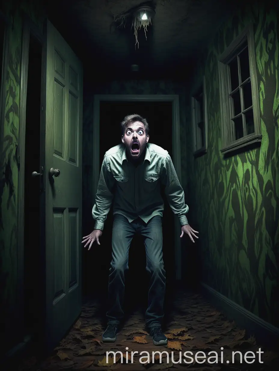 hombre asustado en una casa embrujada en un bosque