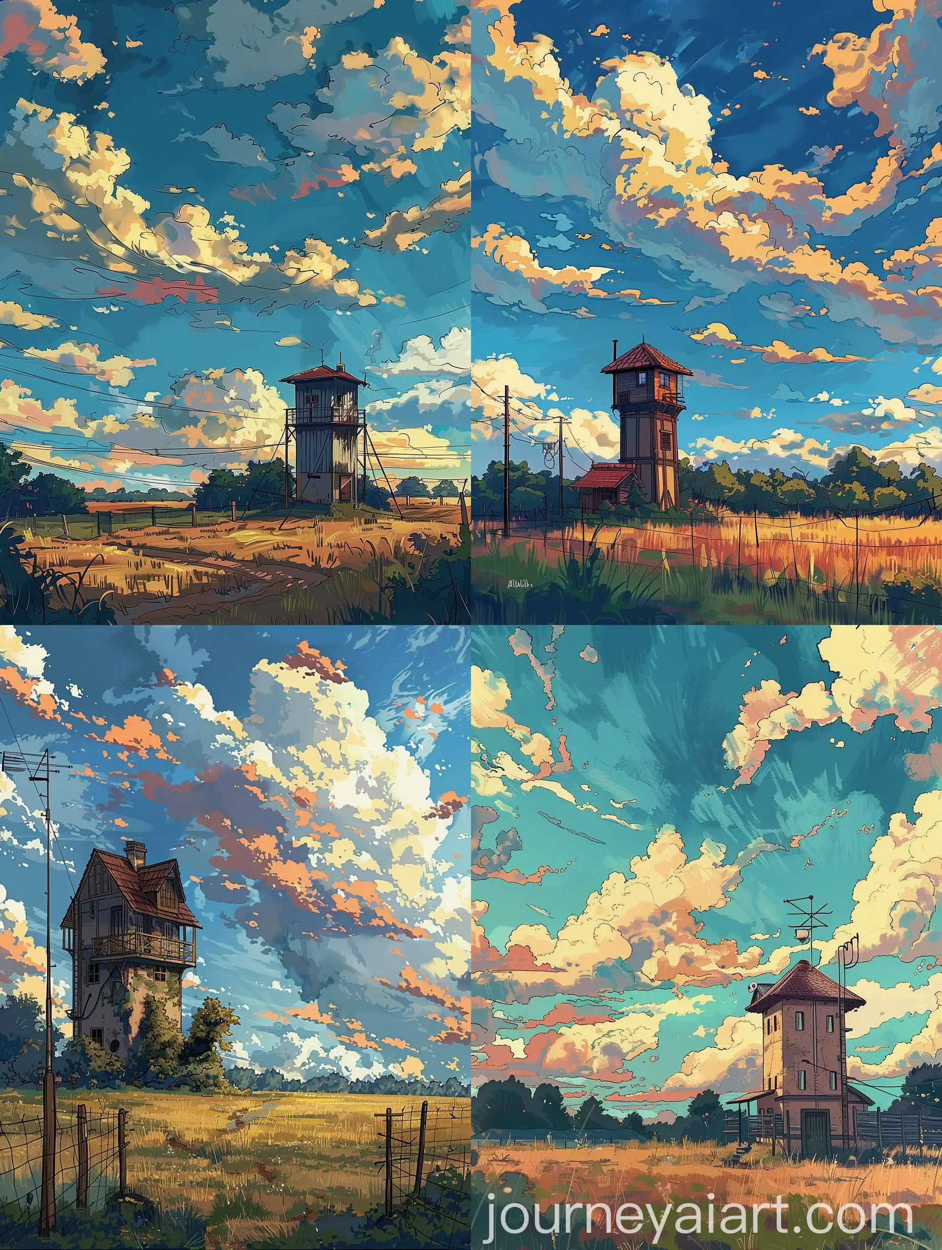Studio Ghibli style Digital drawing of a small tall house in a field, Artistic clouds on the sky, Realistic 
