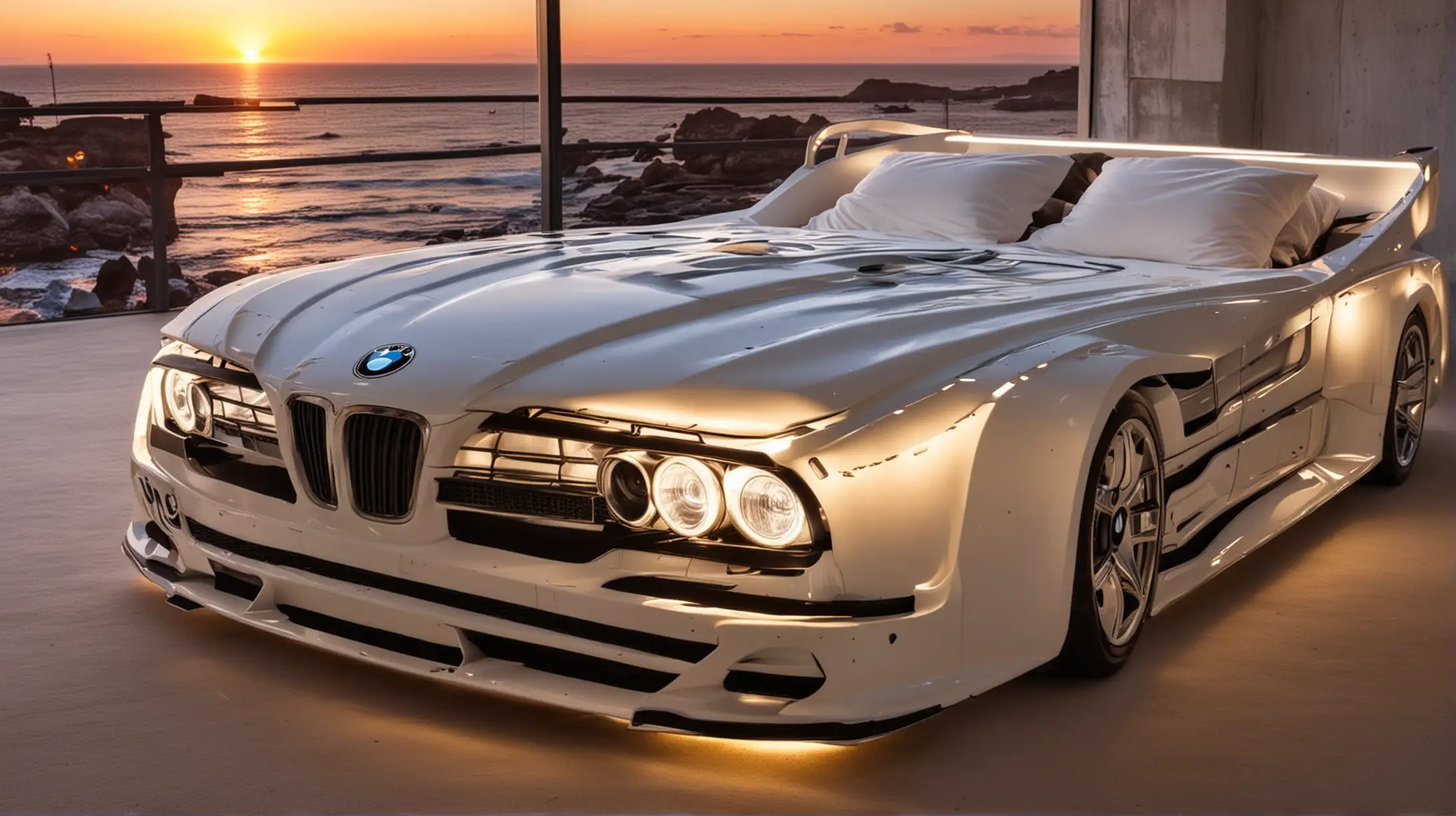 Double bed in the shape of a BMW car with headlights on and sunset graphics