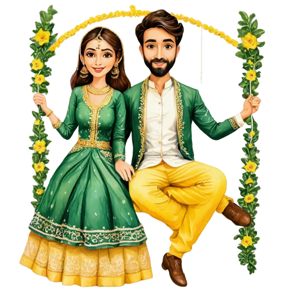 Pakistani mehandi caricature a bride in dark gree lehnga and groom in white kurti shalwar with dark green waist coat both sitting on yellow and green floral swing.