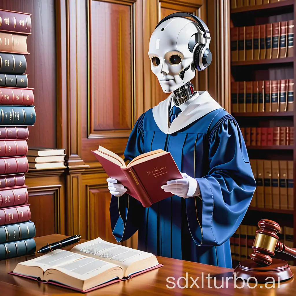a machine that thinks like a human with a book in hand and wearing a lawyer's gown