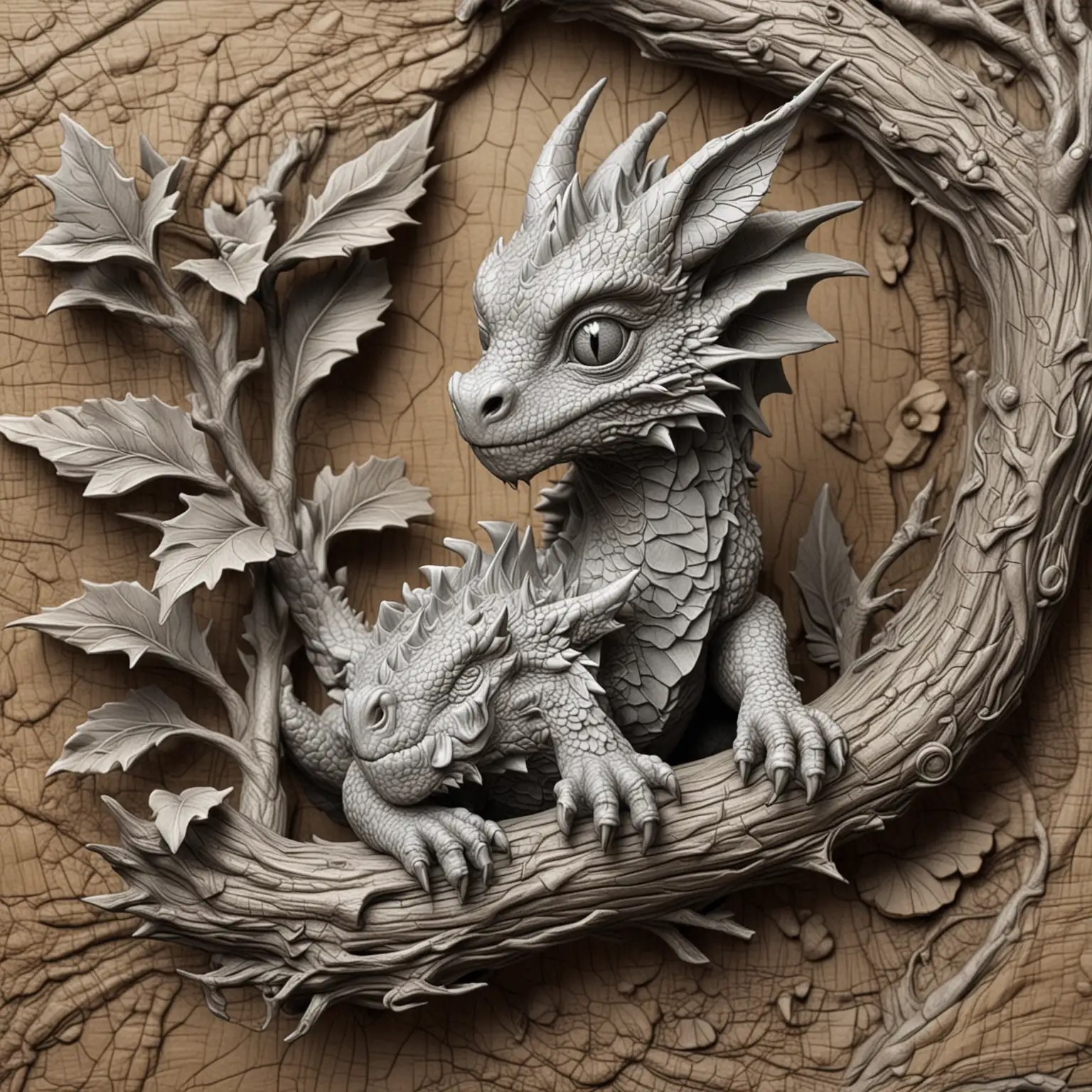 create a bas relief image of a baby dragon sitting on a branch 3d effect grayscale,  laser engraving