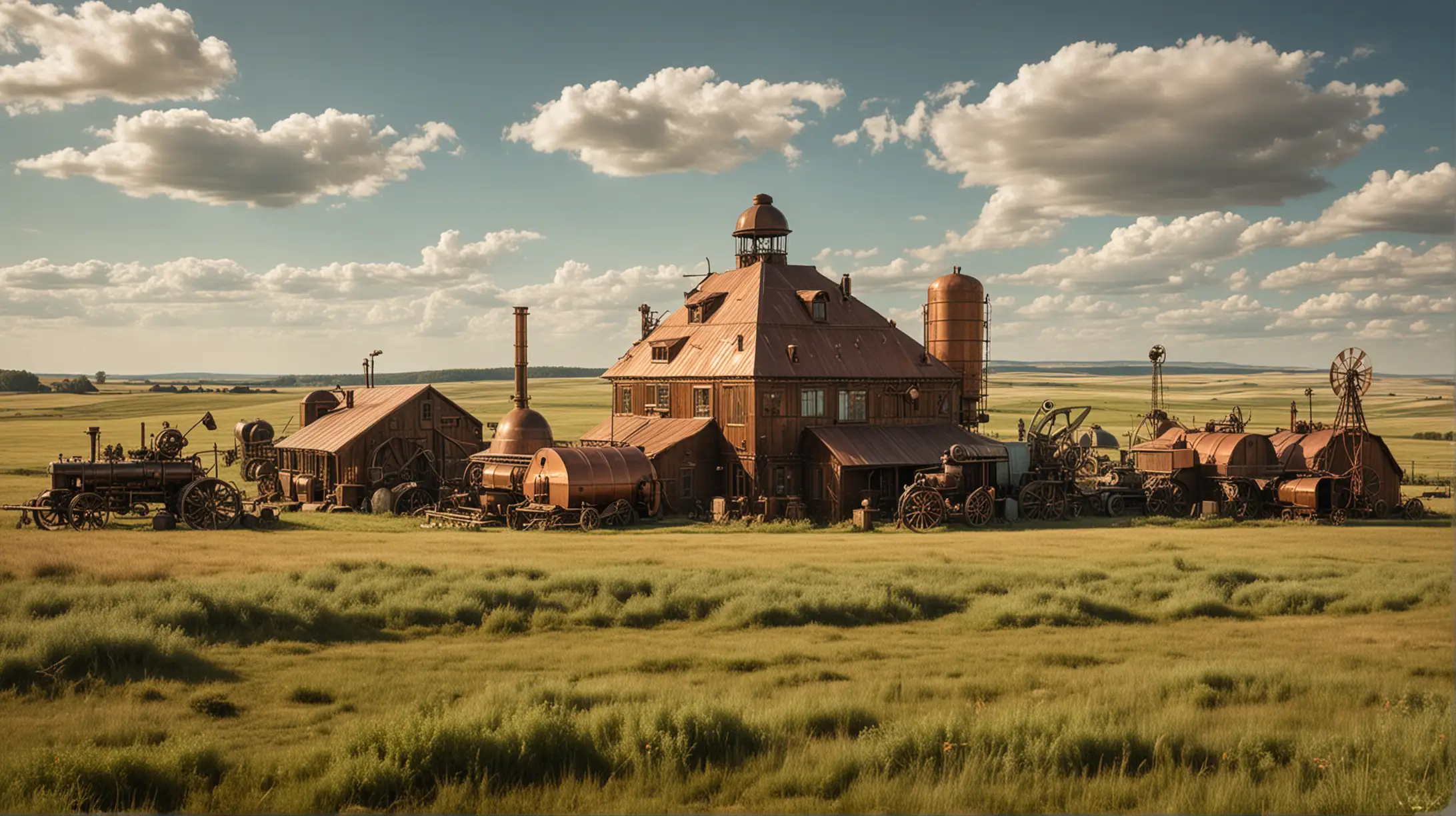a steampunk peasant farm on a prairie, copper, brass, glass, some steampunk agricultural machines, distan view, sunny