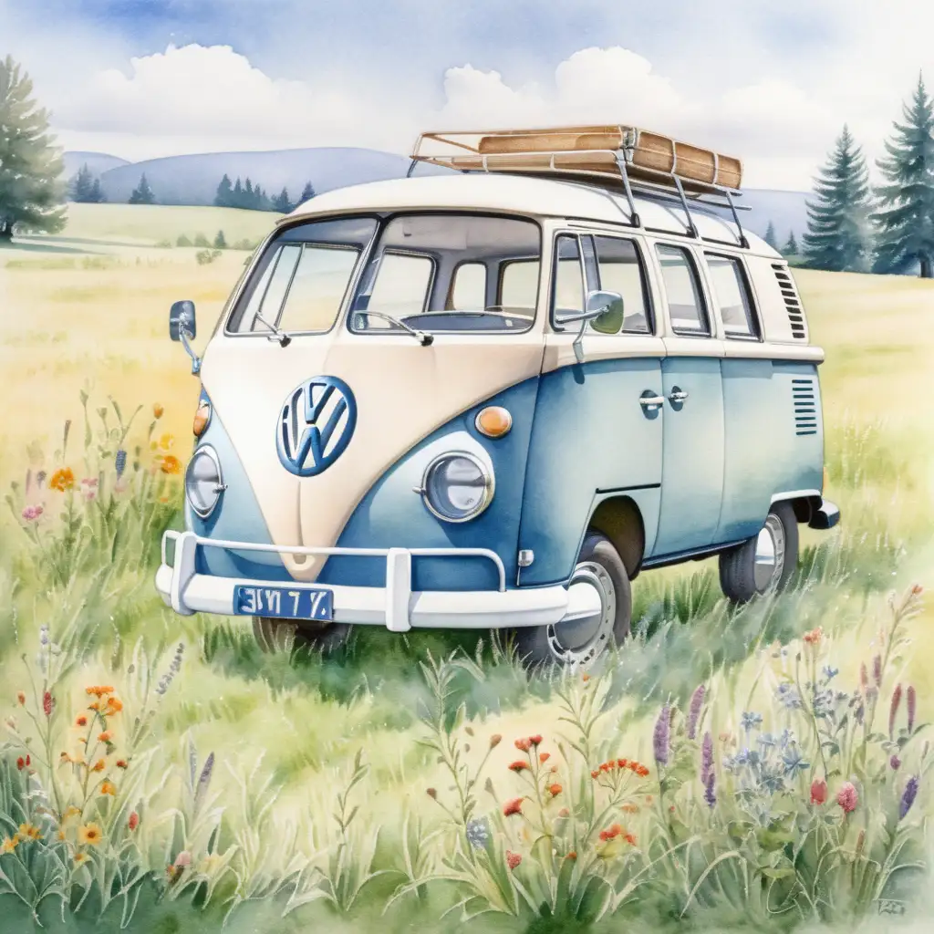 VW Bus in Summer Meadow Watercolor Painting