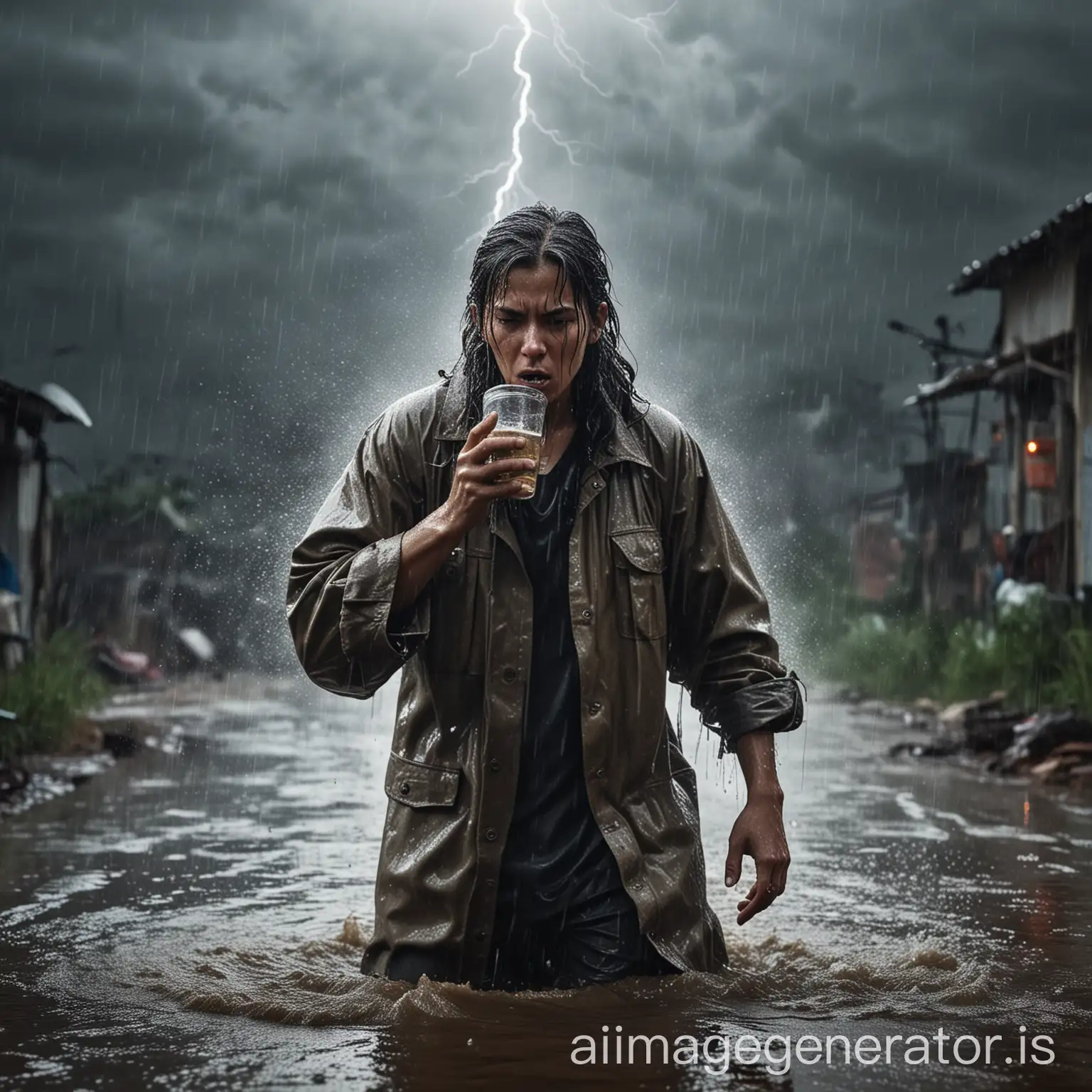 Person has to drink dirty water, heavy rain, wet clothes, thunderstorm, lightning, contamination, ultra realistic photo, real photography, professional shooting