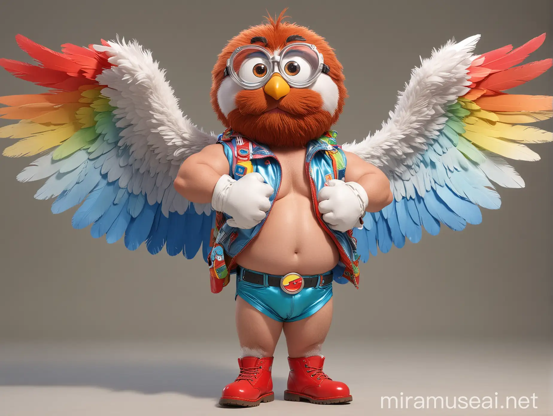 Big Eyes Subtle Smile Topless 40s Ultra beefy Red Head Bodybuilder Daddy with Beard Wearing Multi-Highlighter Bright Rainbow Colored See Through huge Eagle Wings Shoulder Jacket short shorts long legs short boots Flexing his Big Strong Arm Up with Doraemon Goggles