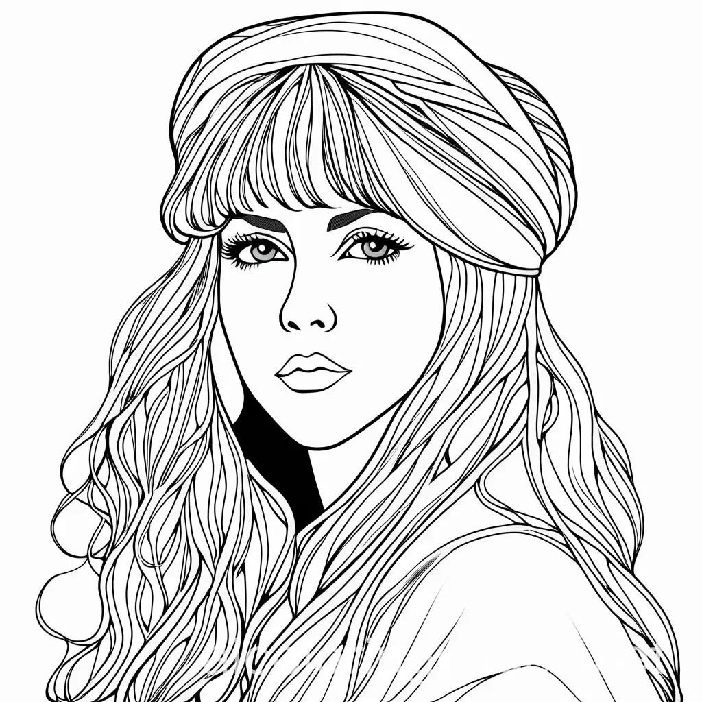 Stevie Nicks with Schawl, Coloring Page, black and white, line art, white background, Simplicity, Ample White Space. The background of the coloring page is plain white to make it easy for young children to color within the lines. The outlines of all the subjects are easy to distinguish, making it simple for kids to color without too much difficulty