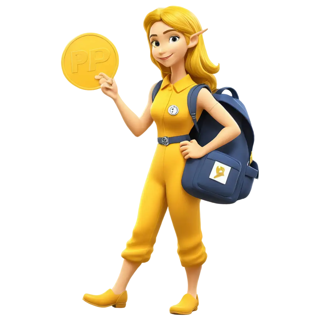 Сказочный персонаж желтого цвета, одетый в комбинезон со значком «P». Сзади рюкзак с таким же значком. В руке держит мешочек монет