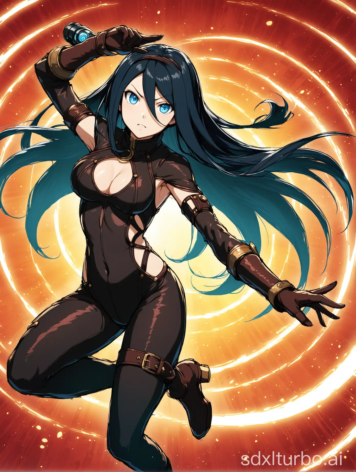raven from gravity rush 2 ark of time, black long hair with red  strands, blue eyes, cat suit with cut-outs, in action pose