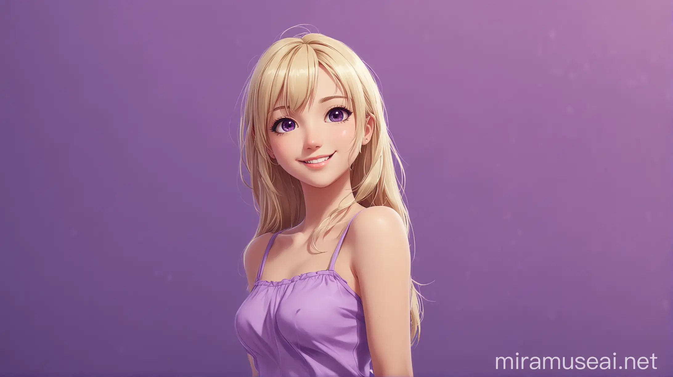 Красивая девушка блондинка стоит на фиолетовом фоне и улыбается, аниме, милая, рисовка, 4к, 8к