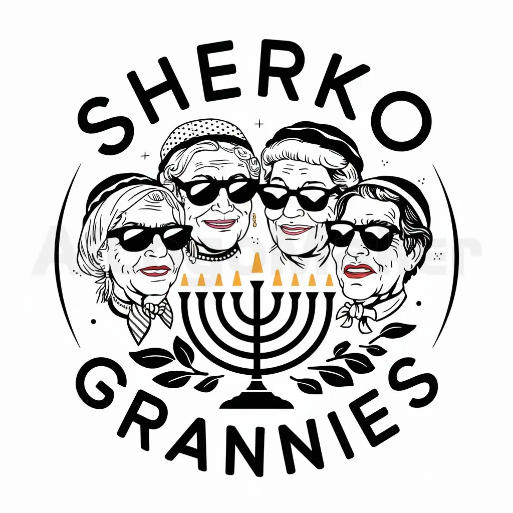 a logo design,with the text 'SHERKO GRANNIES', main symbol: 4 different old traditional jewish grannies with headcovers and sunglasses, Menorah, very cool, in paul klee vibe,complex,clear background