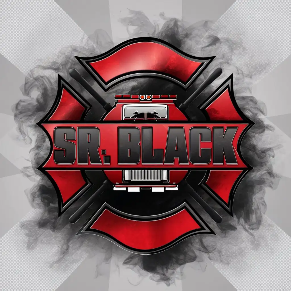 a logo design,with the text 'Sr. Black', main symbol:Red, black, smoke, fire truck,complex,clear background