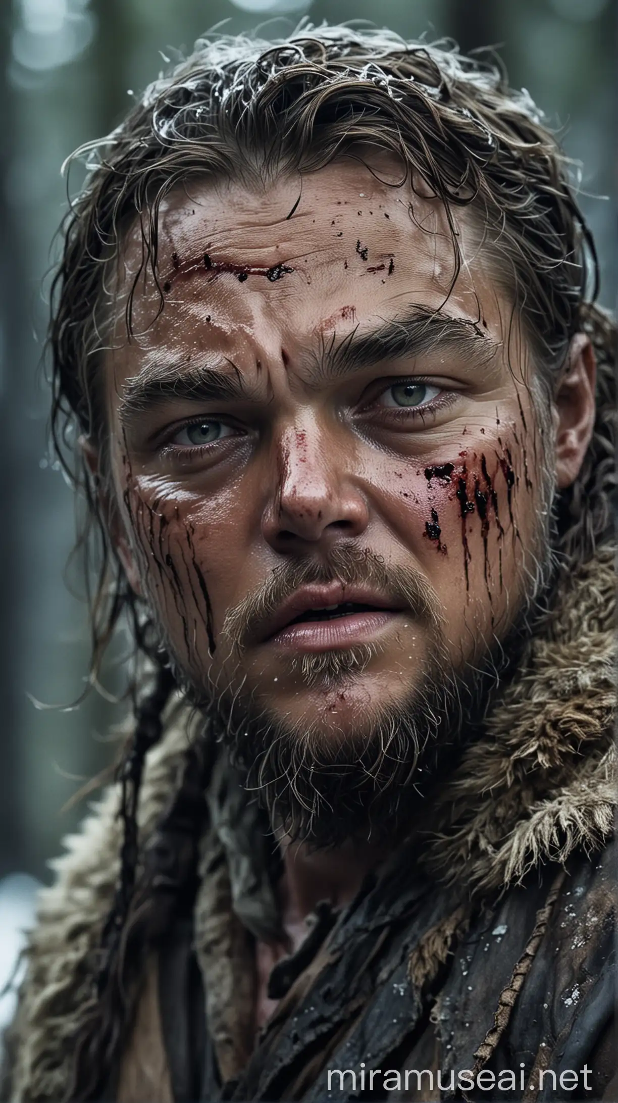 A dramatic image of leonardo DiCaprio in character as hugh glass from The Revenant ,bloody and battered in the wilderness