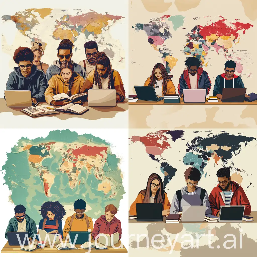 diseño en composición creativa y realista de 6 estudiantes de diferentes razas culturales estudiando con sus laptops, libros o escritorio visto de manera senital y usar de fondo el mapa de america y parte de Europa. 