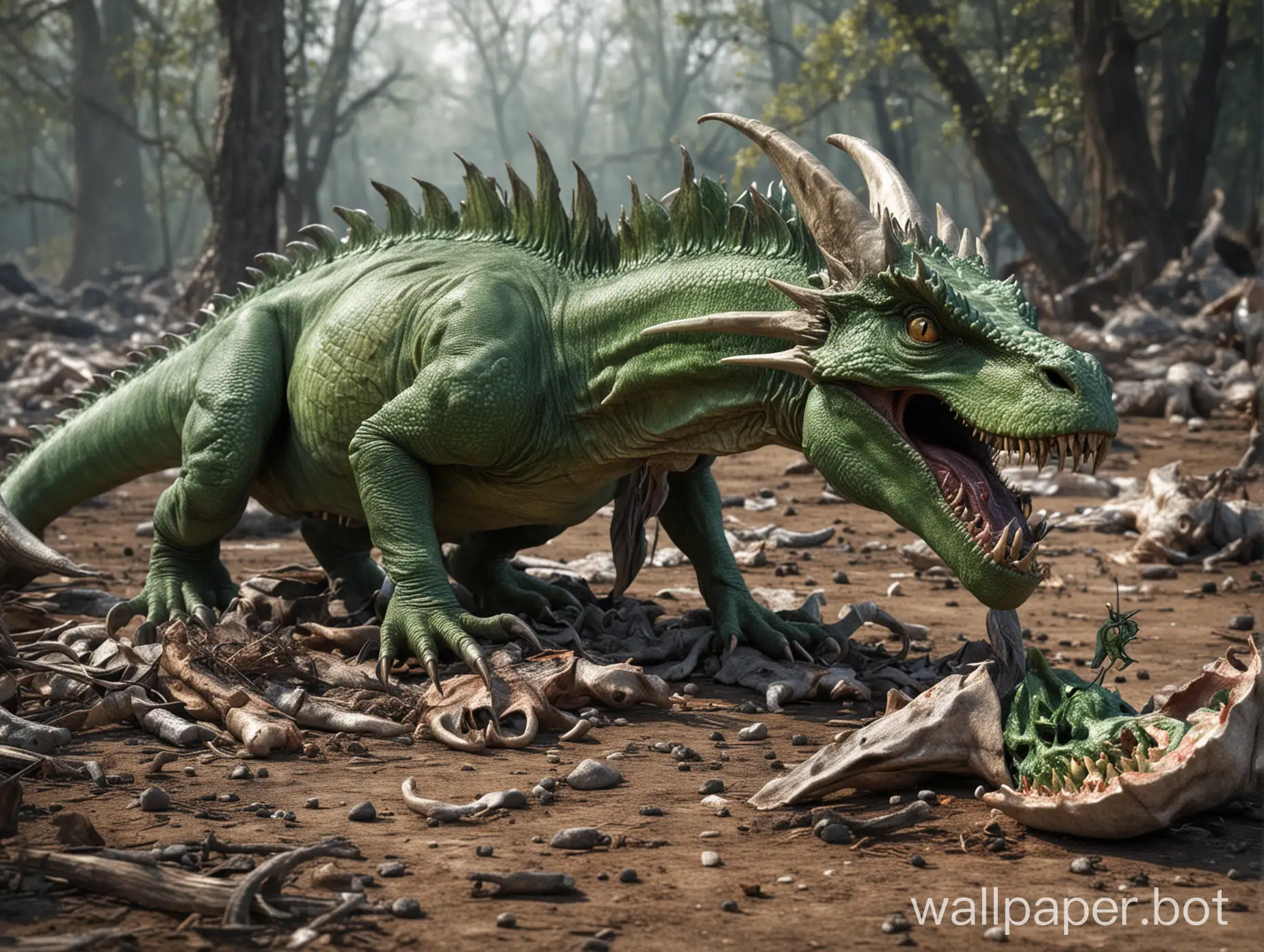 a green dragon eating a dinosaur carcass